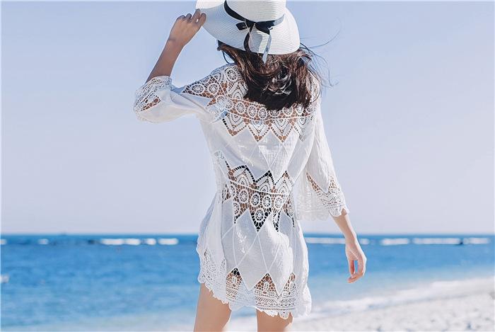 Cutout Sexy Beach Bikini Cover Shirt Long Section of Sleeves Hollow Beach Sunscreen Shirt Cover Up