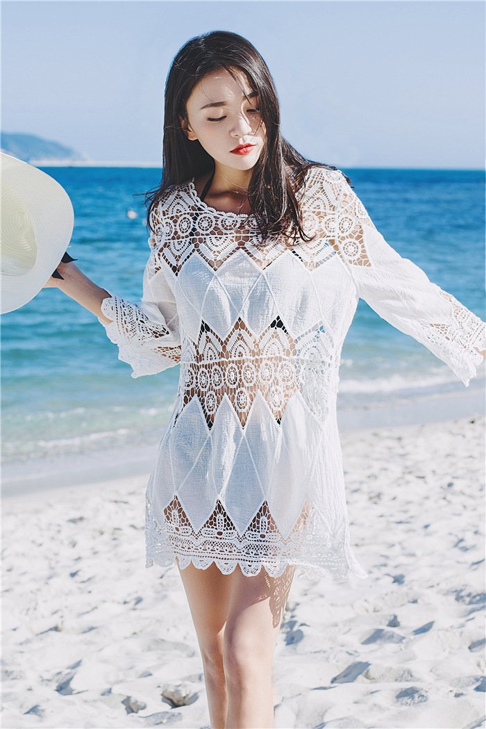 Cutout Sexy Beach Bikini Cover Shirt Long Section of Sleeves Hollow Beach Sunscreen Shirt Cover Up