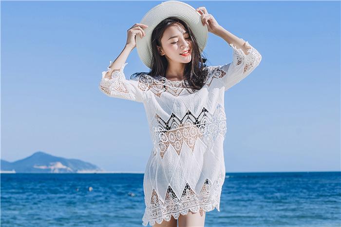 Cutout Sexy Beach Bikini Cover Shirt Long Section of Sleeves Hollow Beach Sunscreen Shirt Cover Up