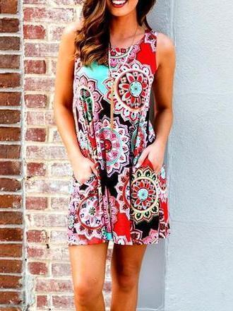 Boho Printed Sleeveless Pullover Dress