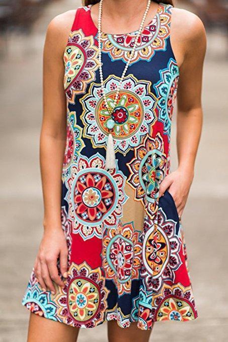 Boho Printed Sleeveless Pullover Dress