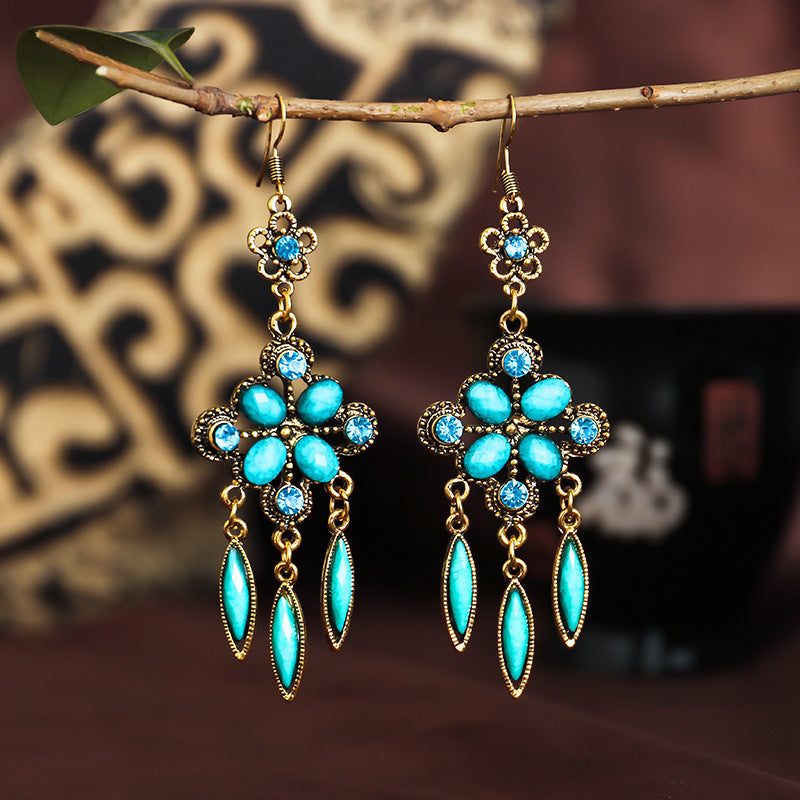 New vintage ethnic accessories diamond-shaped hole blue cutout long fringed earrings with women's diamond-set alloy earrings