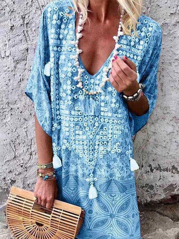 Bohemian V-neck Print Midi Dress