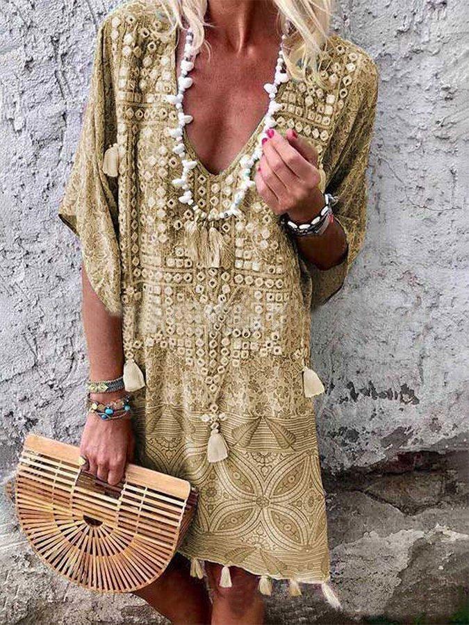 Bohemian V-neck Print Midi Dress