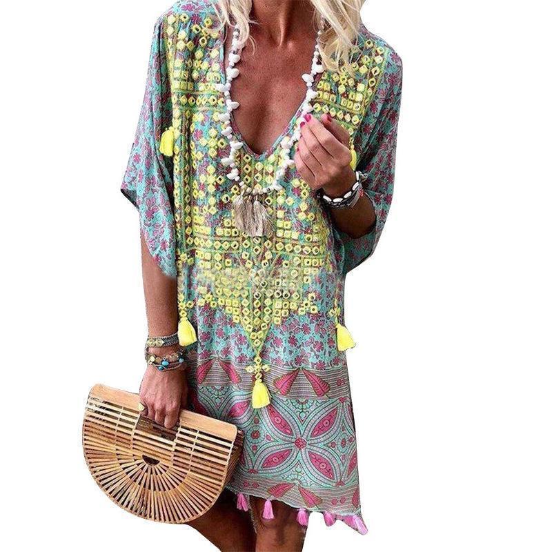 Bohemian V-neck Print Midi Dress