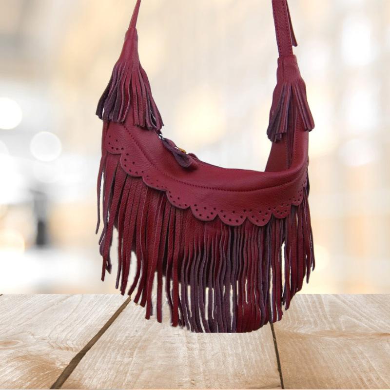 Women Handmade Leather Bag Classic Wild Tassel Crossbody Leather Bag