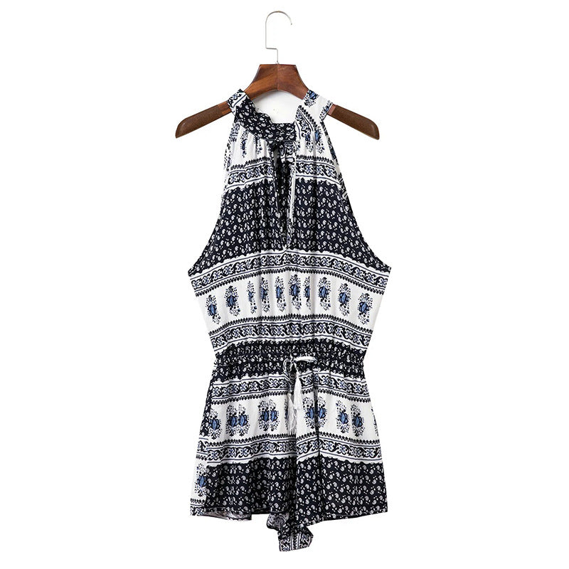 Bohemian Holiday Print Sleeveless Jumpsuit Shorts