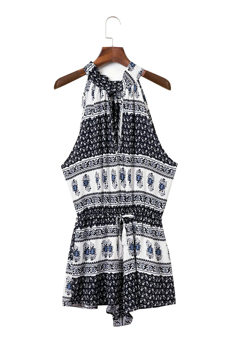 Bohemian Holiday Print Sleeveless Jumpsuit Shorts