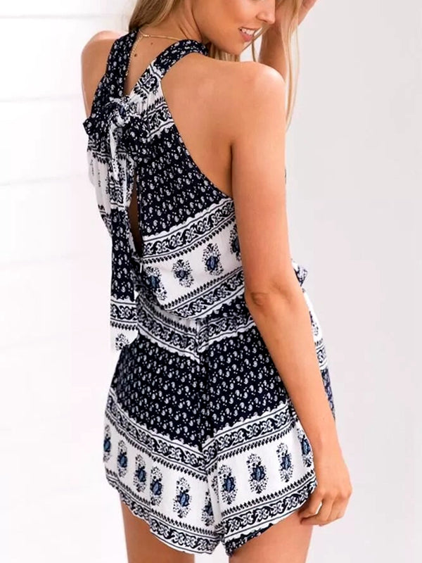 Bohemian Holiday Print Sleeveless Jumpsuit Shorts