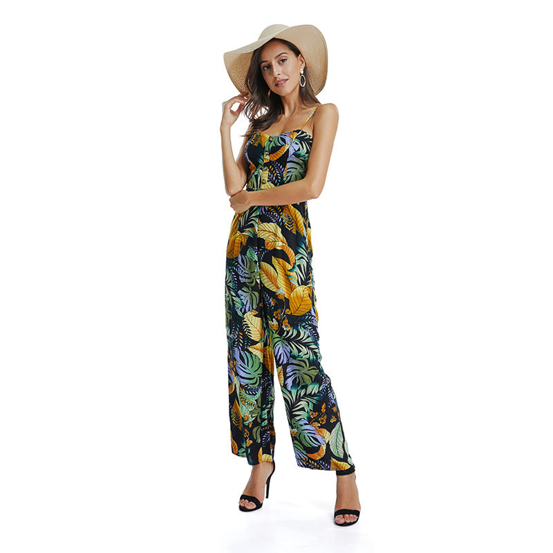 Bohemian Printed Beach Holiday Wind Sling Jumpsuit