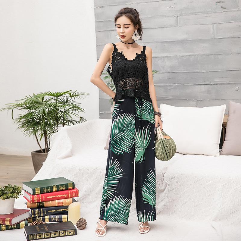 Bohemian Wide-leg Pants High Waist with Floral Pants Seaside Holiday Beach Trousers