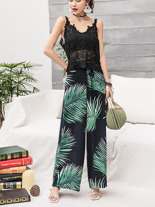 Bohemian Wide-leg Pants High Waist with Floral Pants Seaside Holiday Beach Trousers