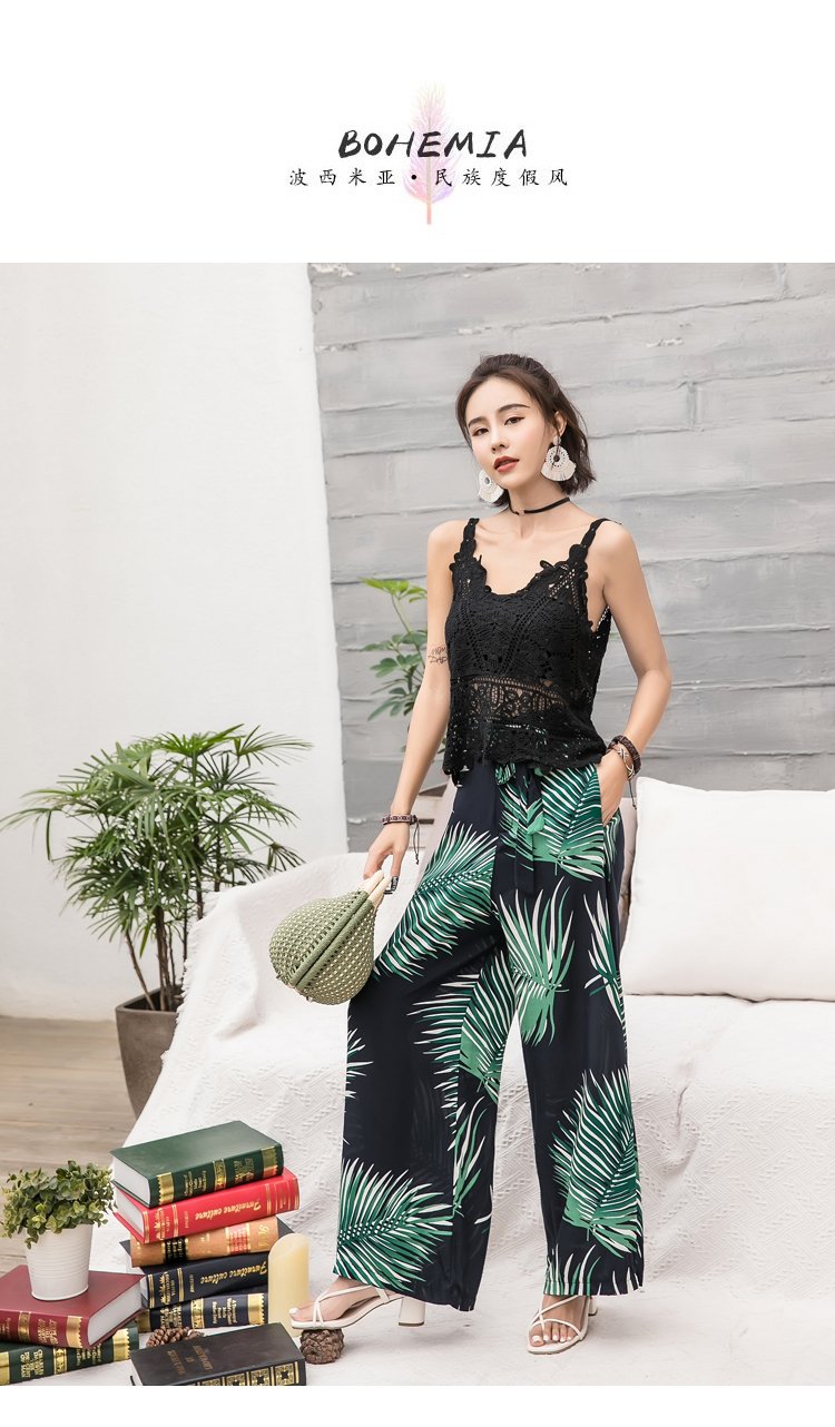 Bohemian Wide-leg Pants High Waist with Floral Pants Seaside Holiday Beach Trousers