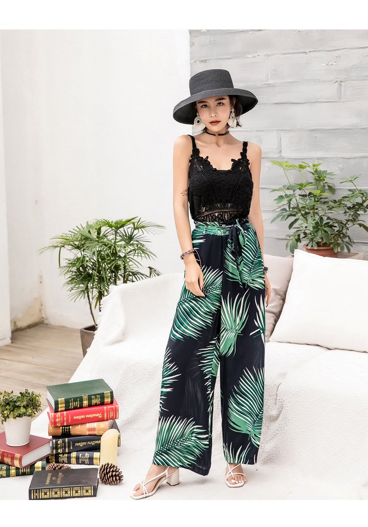 Bohemian Wide-leg Pants High Waist with Floral Pants Seaside Holiday Beach Trousers