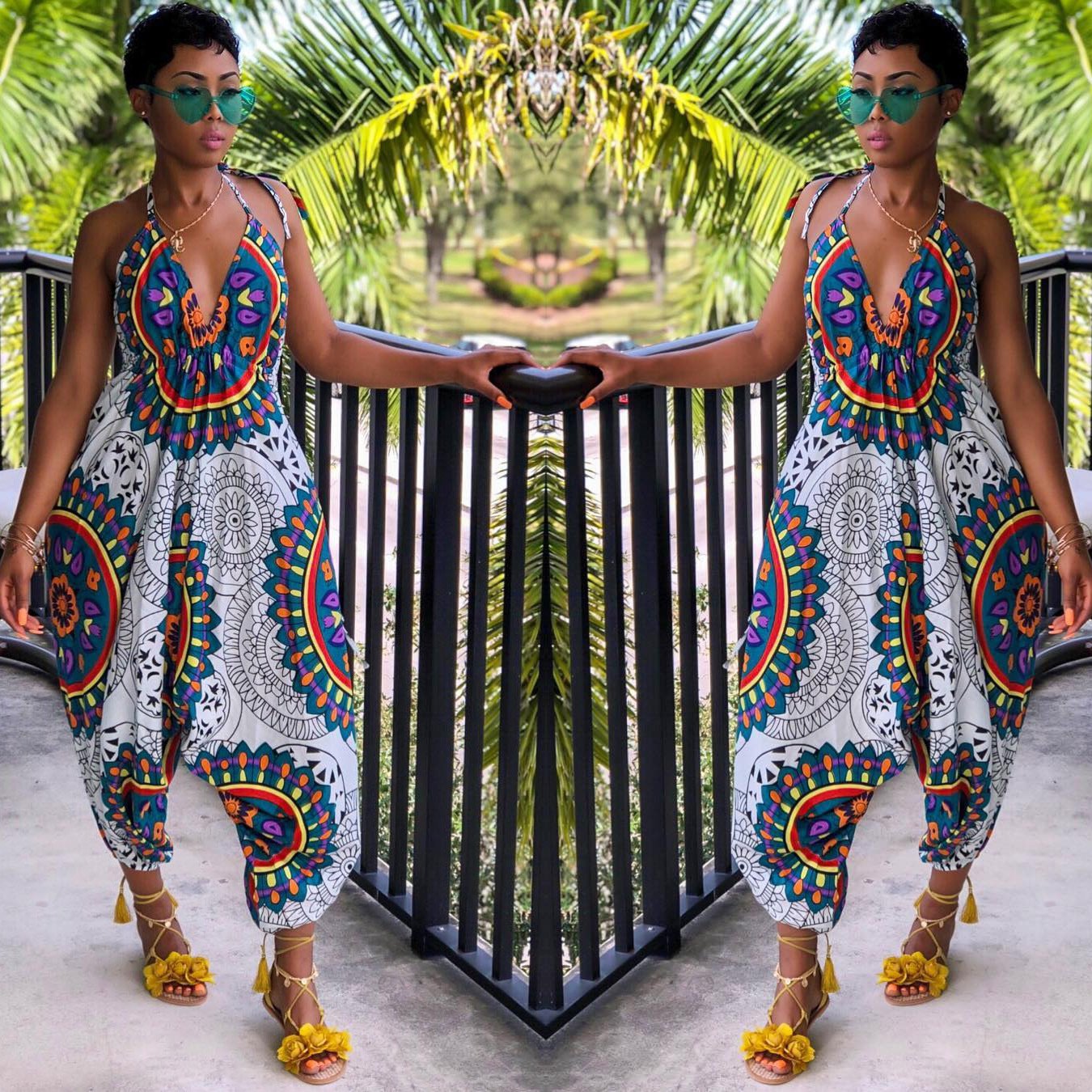 Sexy Totem Print Wide Leg Jumpsuit