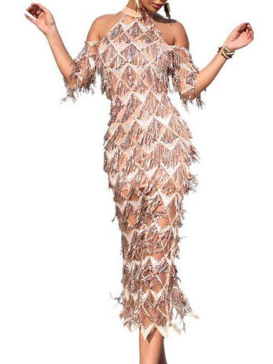 Beaded Tassel Stitching Off-the-shoulder High-end Party Midi Dress
