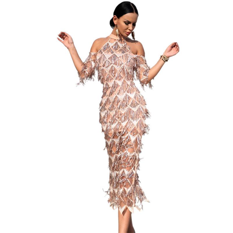 Beaded Tassel Stitching Off-the-shoulder High-end Party Midi Dress