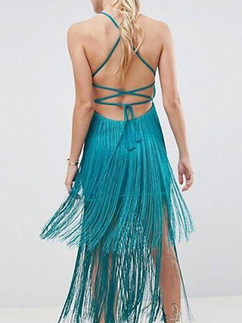 Solid Color Tassel Sling Zip Open Back Stitching Midi Dress