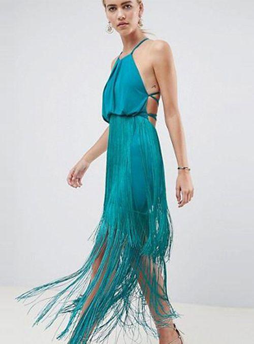 Solid Color Tassel Sling Zip Open Back Stitching Midi Dress