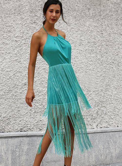 Solid Color Tassel Sling Zip Open Back Stitching Midi Dress