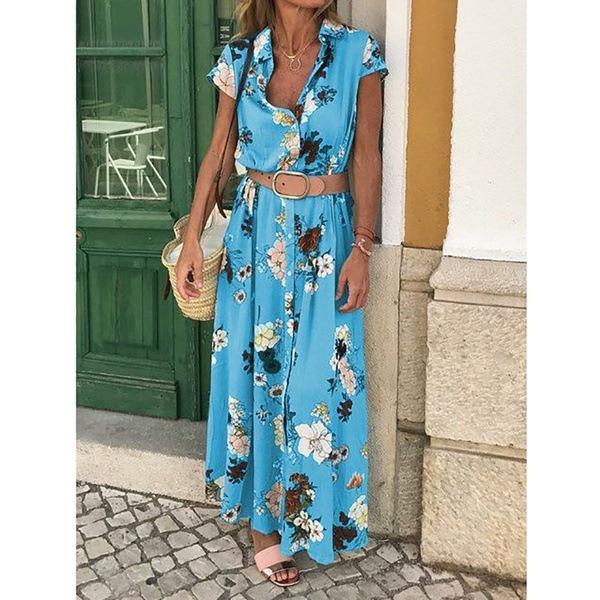 Bohemian Retro Ethnic Wind Holiday Wind V Neck Loose Waist Long Dress