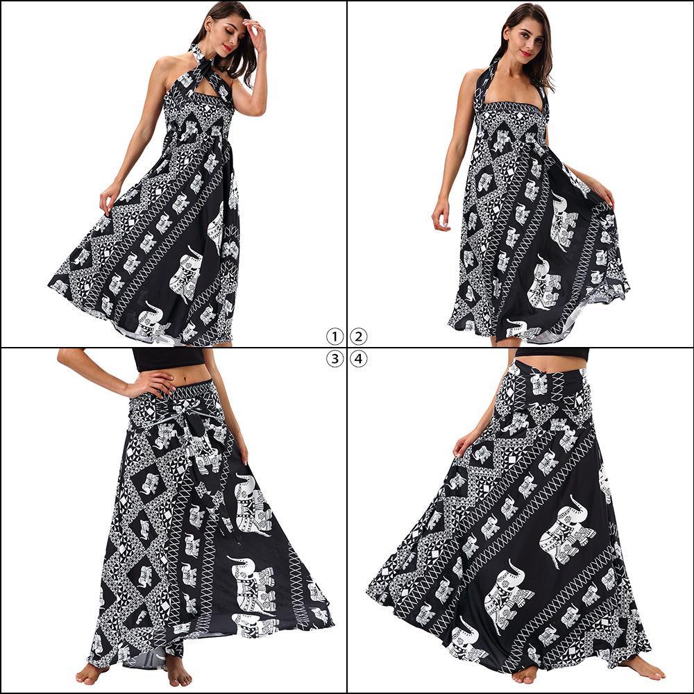 Elephant Print Beachwear Fashion Two Wear Tube Top Dress Strap Big Swing Skirt