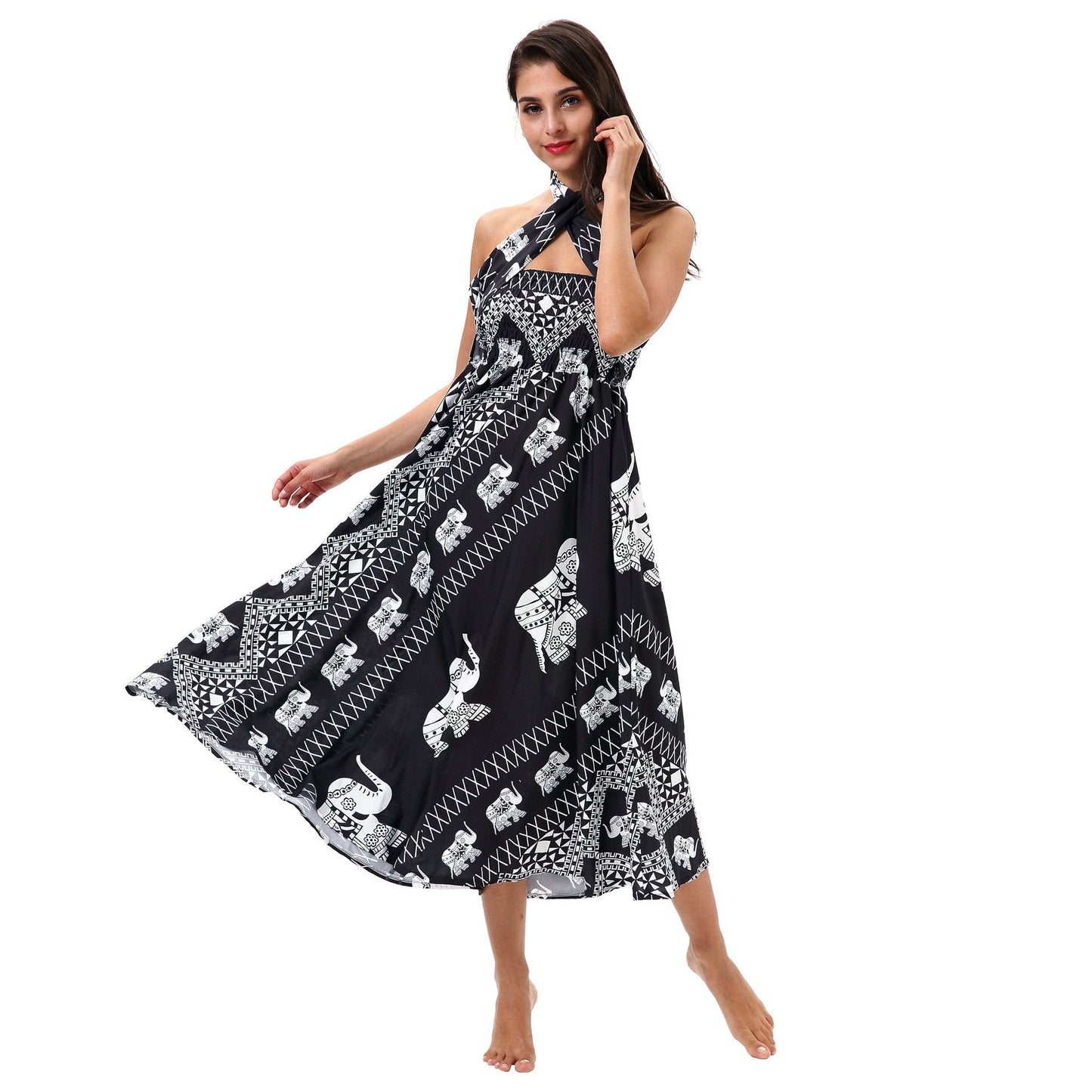 Elephant Print Beachwear Fashion Two Wear Tube Top Dress Strap Big Swing Skirt