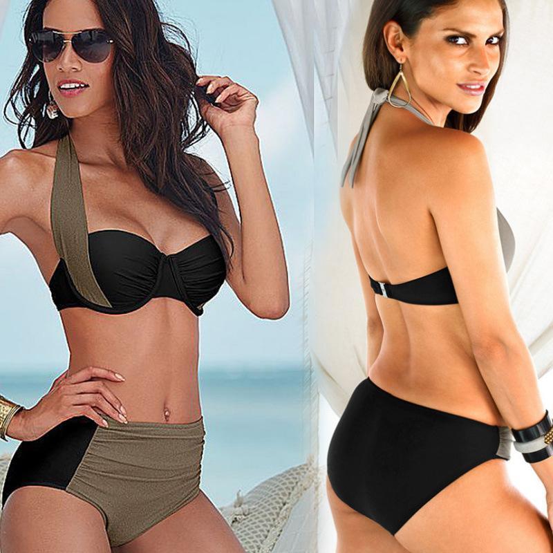 Colorblock Cross High Waist Triangle Split Bikini