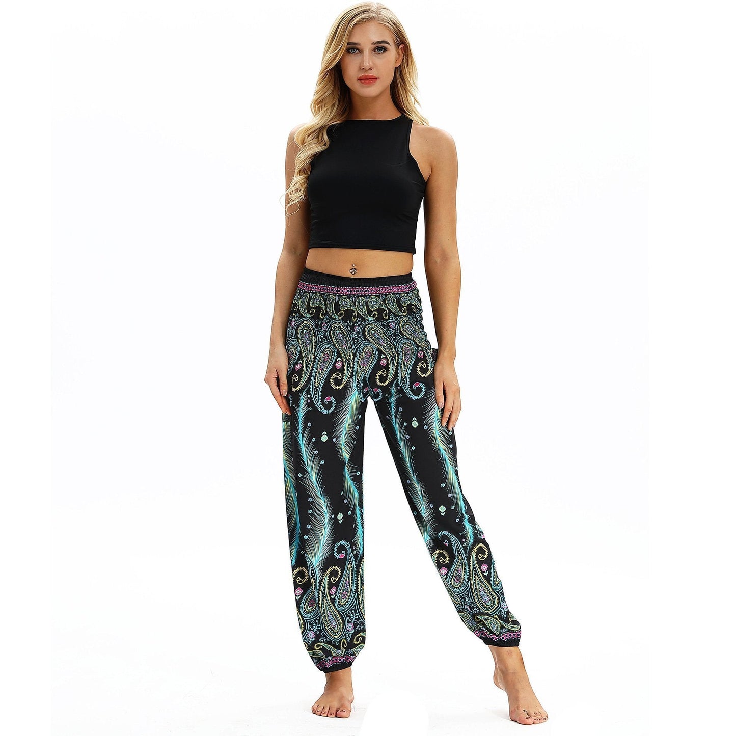 Peacock Feather Print Pocket Yoga Pants Casual High Waist Bloomers