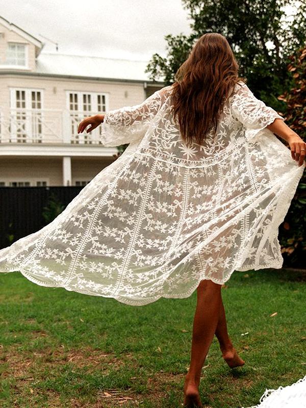 Lace Openwork Mesh Long-sleeved Cardigan Beach Holiday Cardigan Cover Up