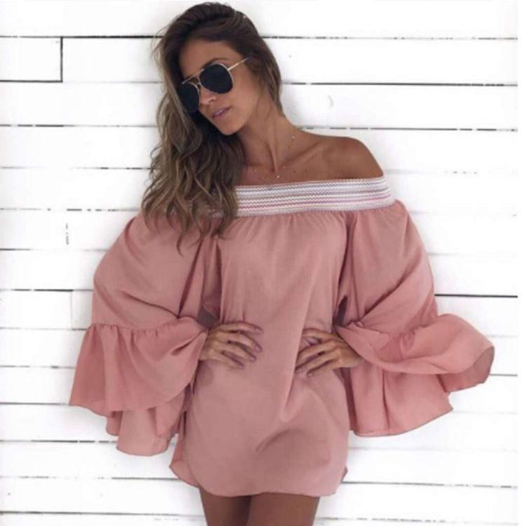 Loose Solid Color Shoulder Long Sleeve Pleated Dress