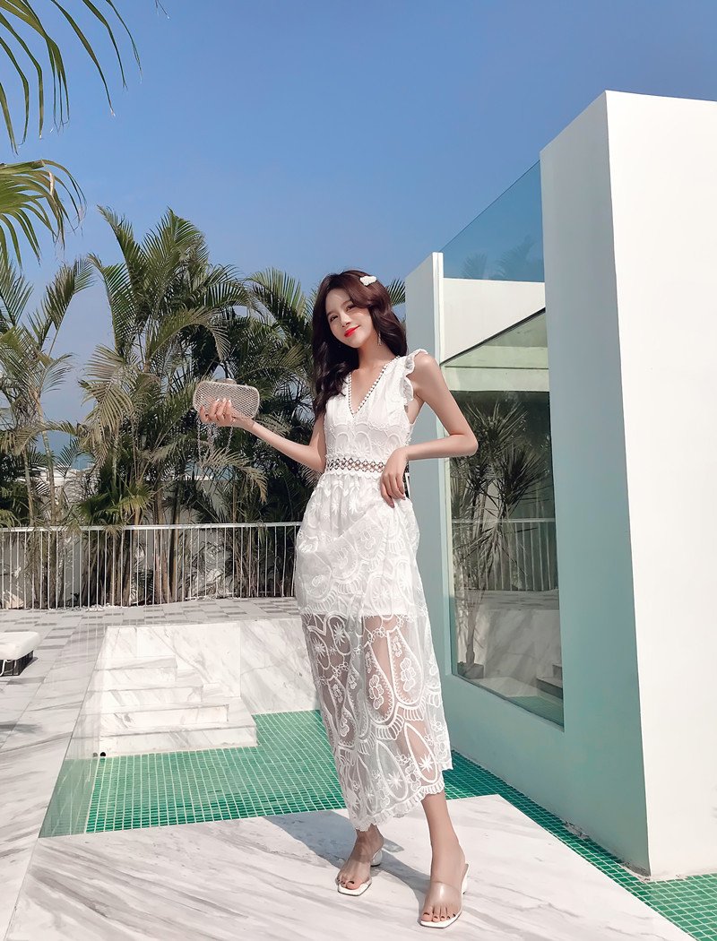 Bohemian Holiday Lace Sexy Backless Beach Long Dress