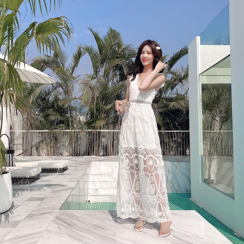 Bohemian Holiday Lace Sexy Backless Beach Long Dress