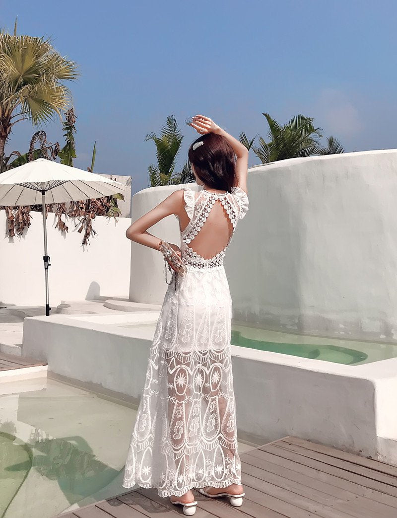 Bohemian Holiday Lace Sexy Backless Beach Long Dress