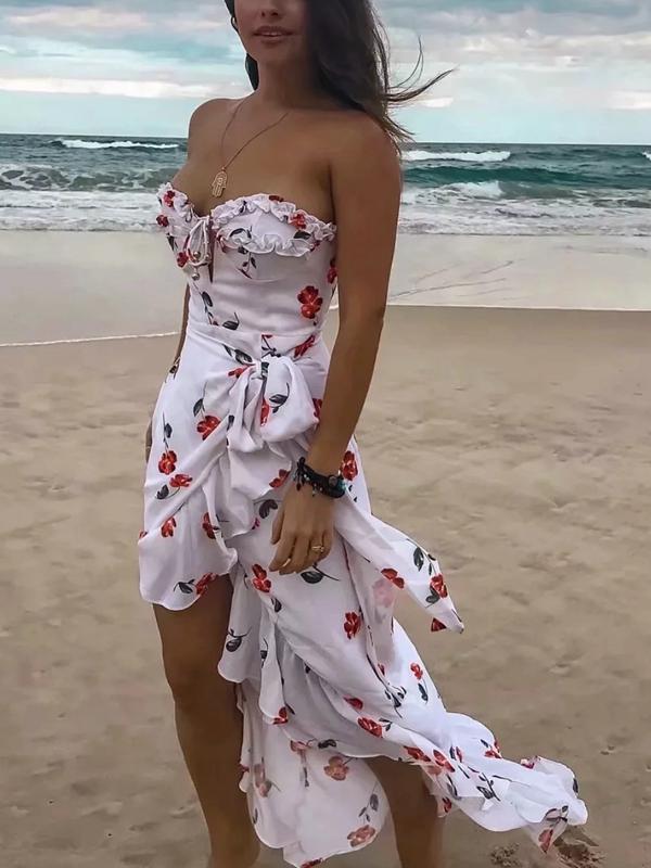 Vacation Style Hanging Neck Low-cut Dress Floral Long Dress