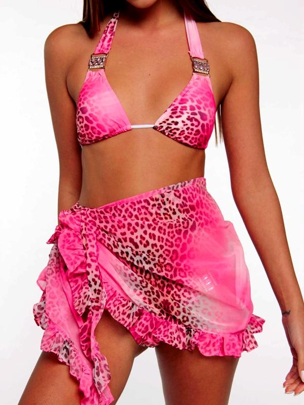 One-piece Swimsuit with Diamonds Pink Leopard Print Sexy Split Swimsuit Bikini