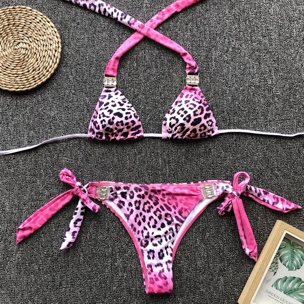 One-piece Swimsuit with Diamonds Pink Leopard Print Sexy Split Swimsuit Bikini