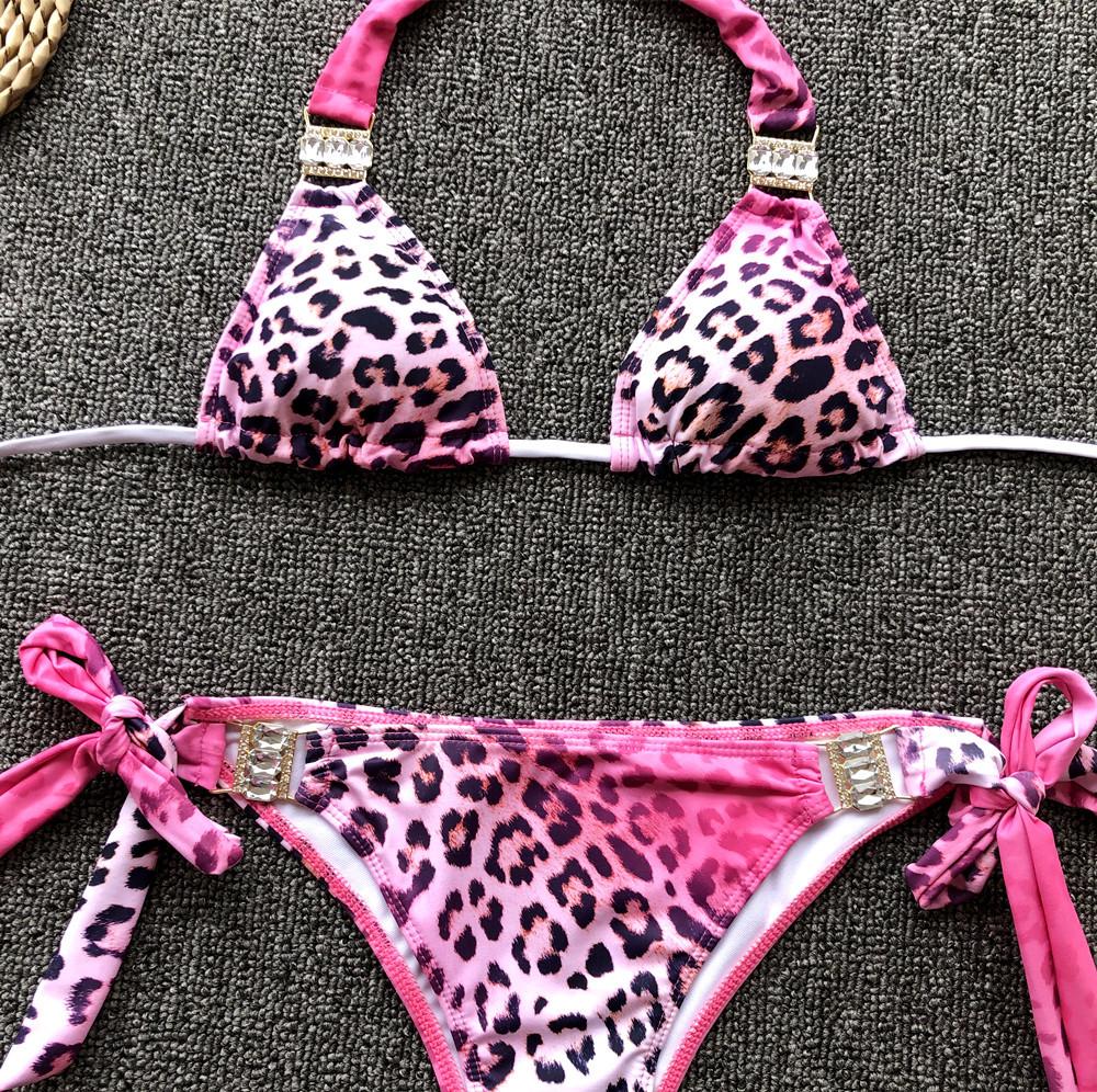 One-piece Swimsuit with Diamonds Pink Leopard Print Sexy Split Swimsuit Bikini