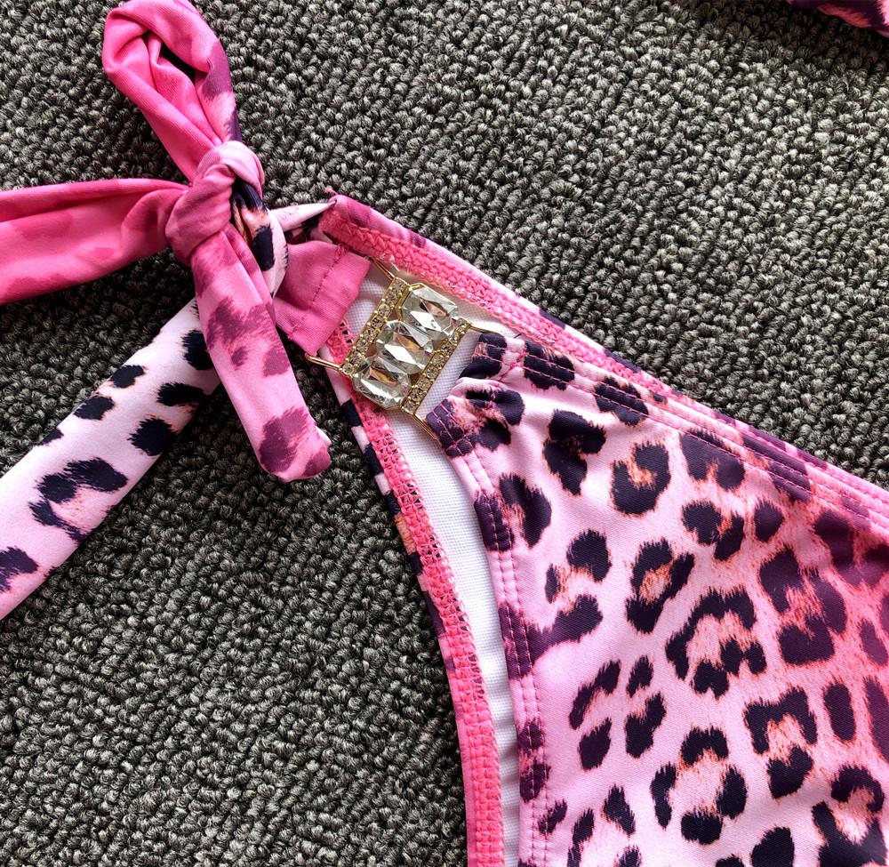 One-piece Swimsuit with Diamonds Pink Leopard Print Sexy Split Swimsuit Bikini