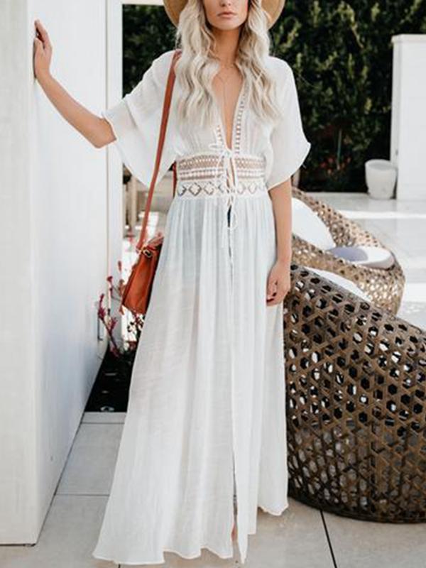 Boho Deep V-neck Waist Backless Holiday Wind Split Dress