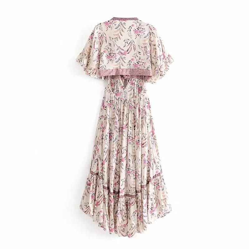 Boho Vintage Deep V-neck Irregular Backless Print Dress