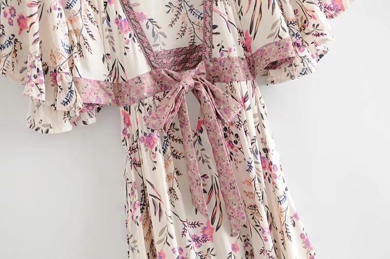 Boho Vintage Deep V-neck Irregular Backless Print Dress