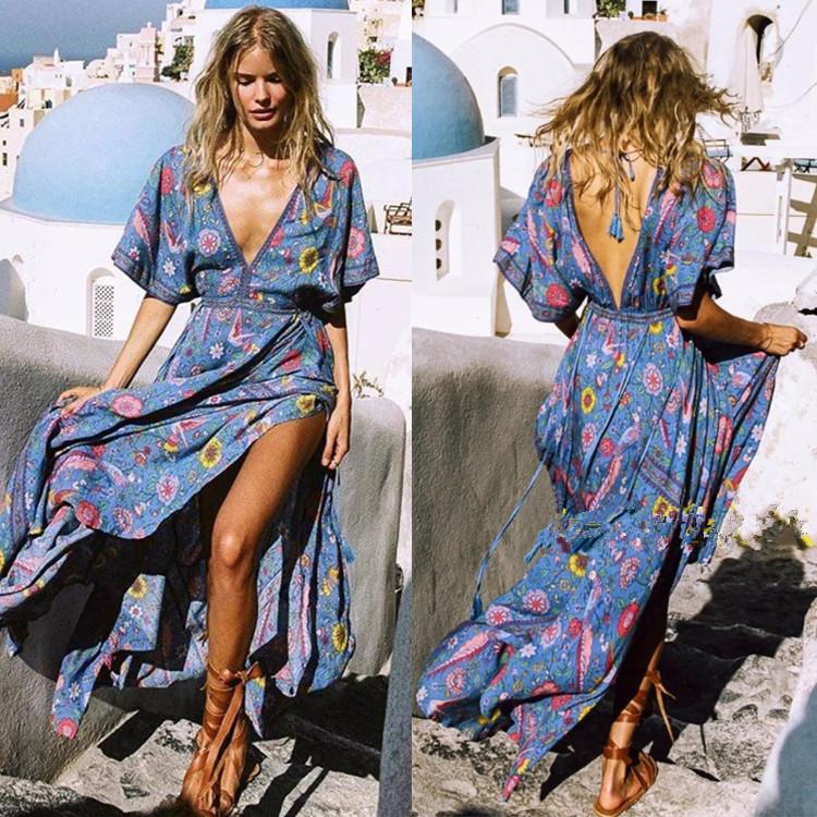 Bohemian Holiday Wind Dress Retro Peacock Print Lace Long Dress