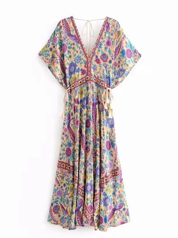 Bohemian Holiday Wind Dress Retro Peacock Print Lace Long Dress-1