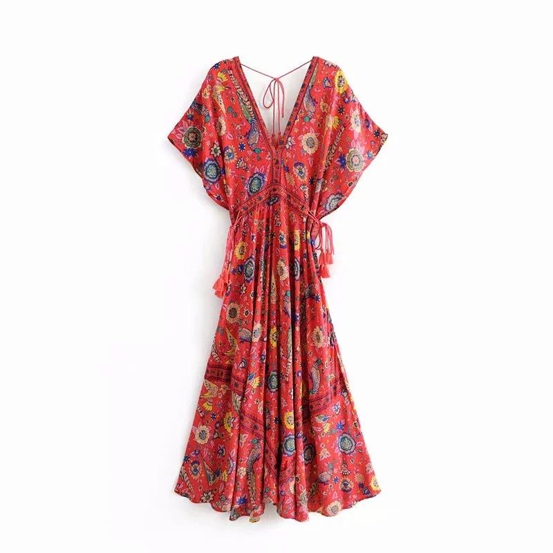 Bohemian Holiday Wind Dress Retro Peacock Print Lace Long Dress-1