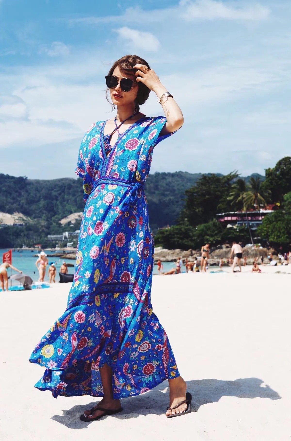 Bohemian Holiday Wind Dress Retro Peacock Print Lace Long Dress