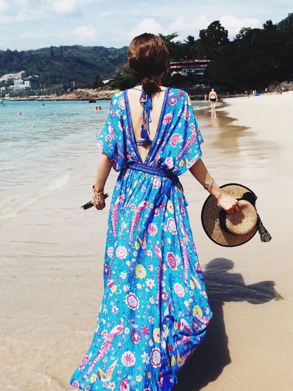 Bohemian Holiday Wind Dress Retro Peacock Print Lace Long Dress