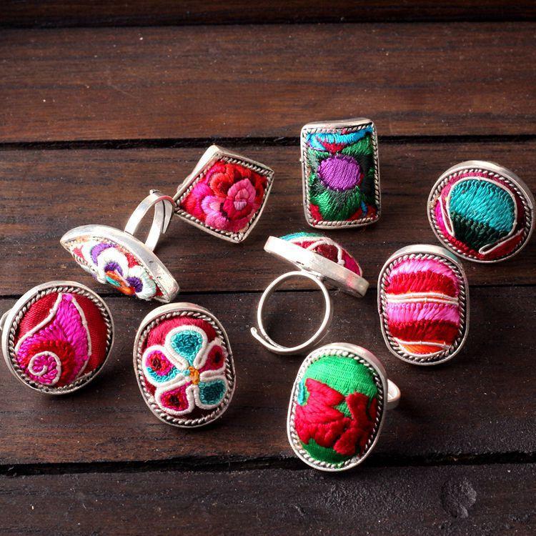 Creative Ethnic Style Handmade Silver Jewelry Fashion Embroidery Ring