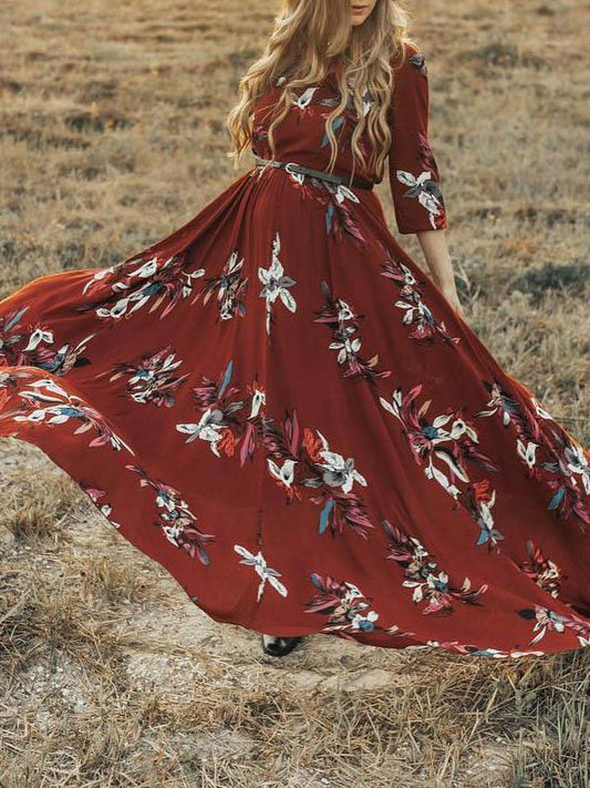 Bohemia Printed Three-quarter Sleeve Maxi Dresses