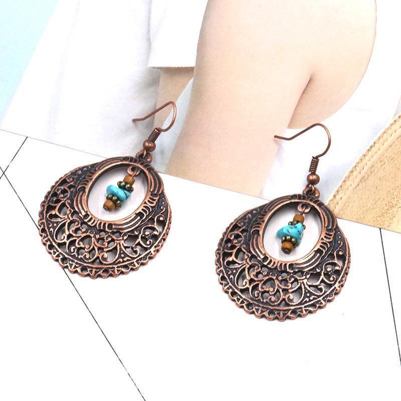 Fashion Vintage Alloy Openwork Round Flowers Turquoise Earrings